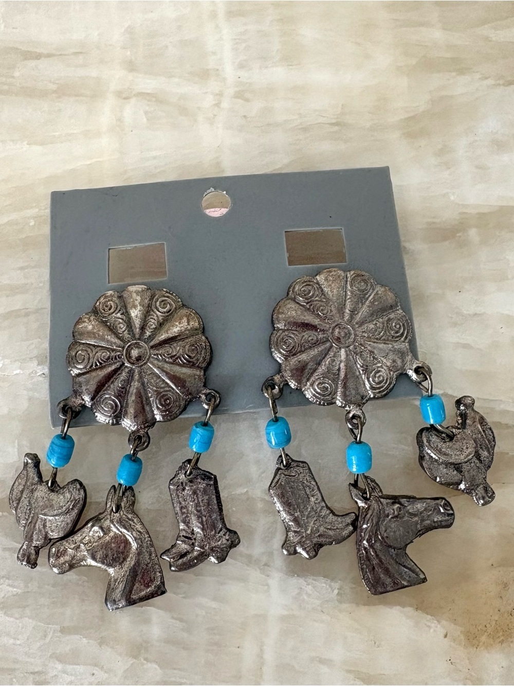 Silver Western Charm Dangle Earrings with Turquoise Beads